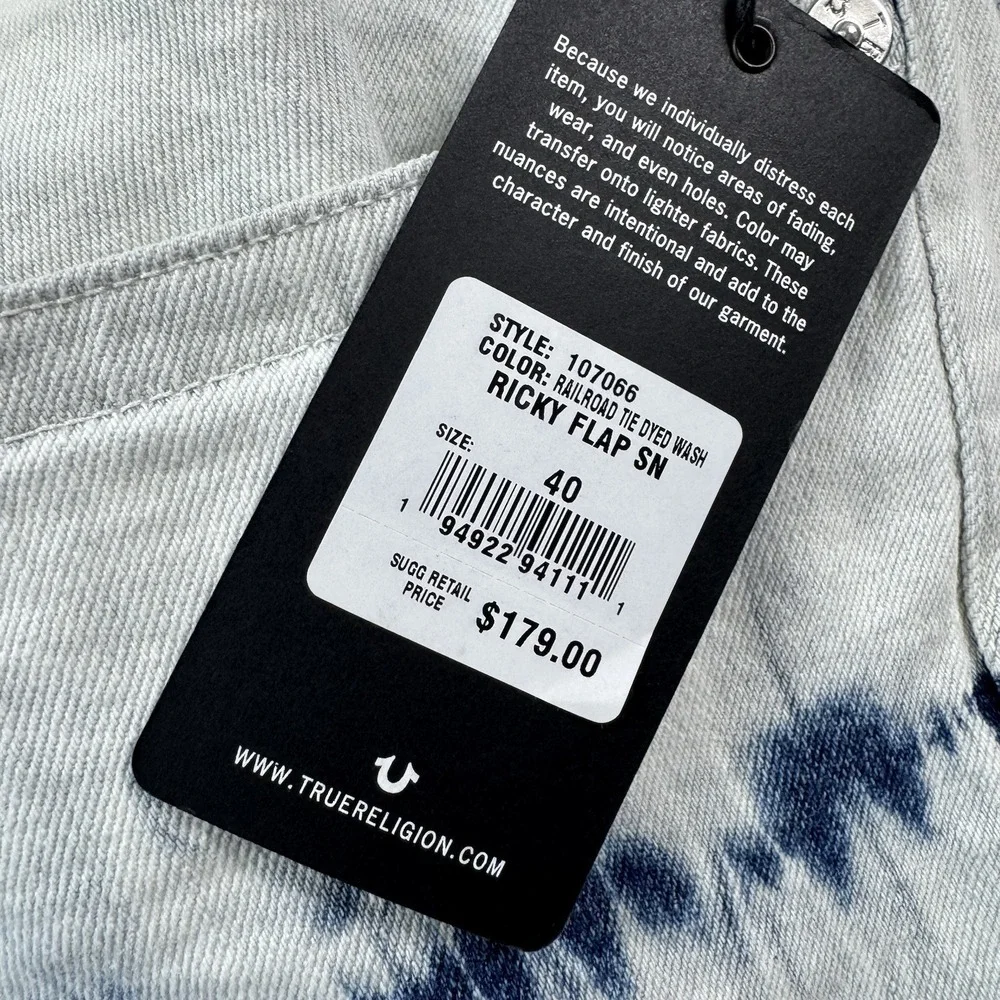 True Religion Ricky Flap SN Railroad Tie Dye Wash Mens Jeans Size 40x34 NWT